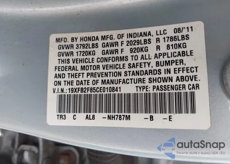 2012 Honda Civic Ex from USA, damaged, VIN 19XFB2F85CE010841